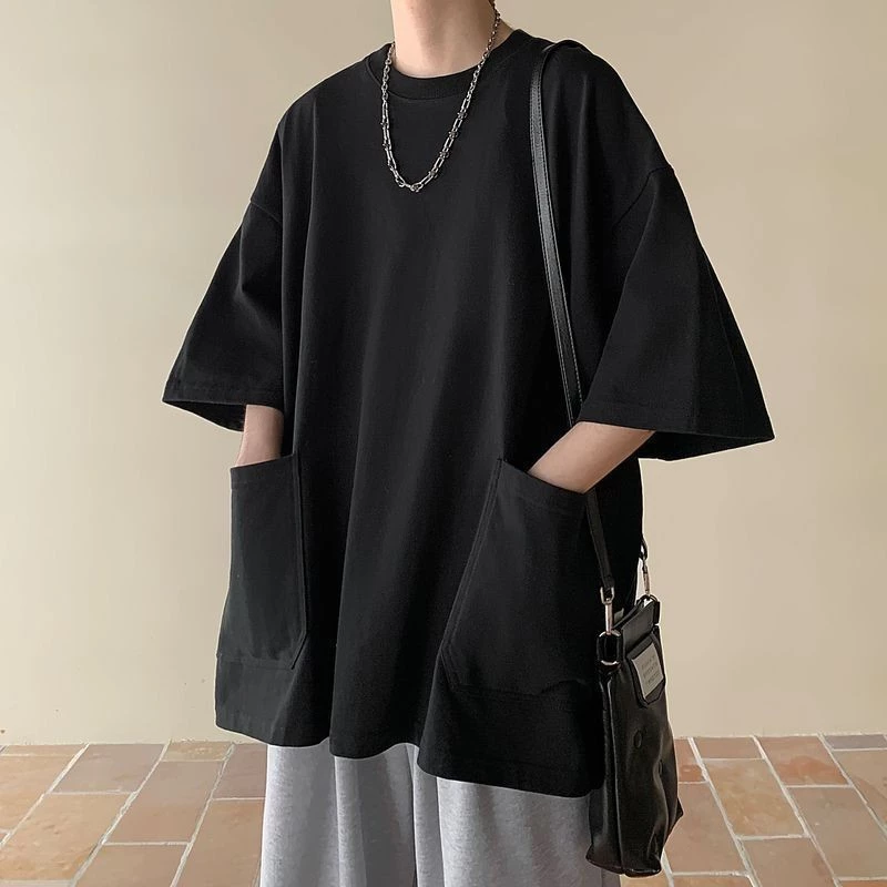 大口袋T恤男生短袖夏季上衣服潮牌百搭設計感小衆重磅冰絲五分袖